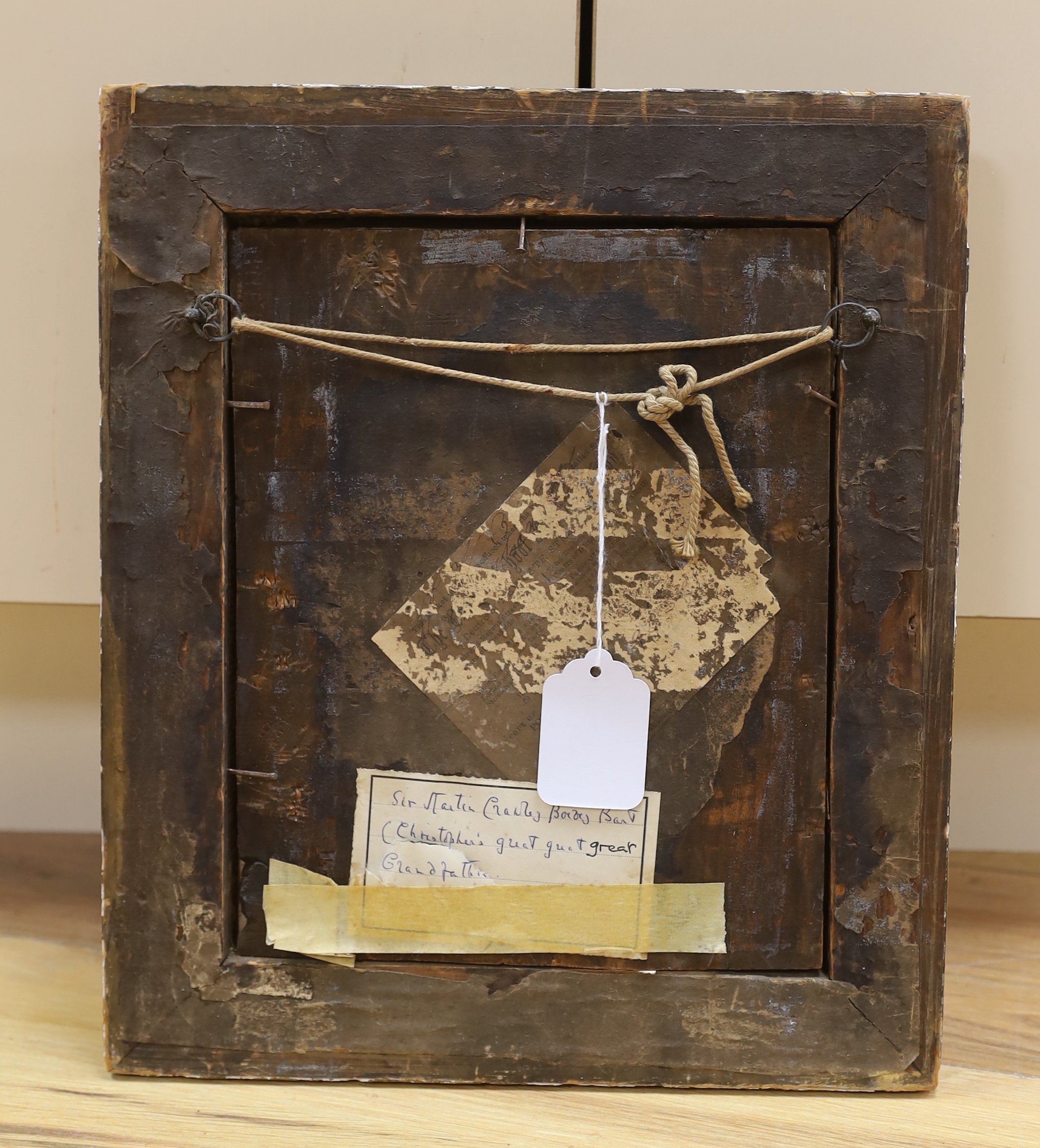 Victorian School, oval oil, Portrait of Sir Martin Crawley, unsigned, partial label and details verso, 19.5 x 14.5cm, gilt framed